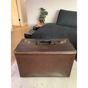 Vintage Brown Leather File Briefcase with Key